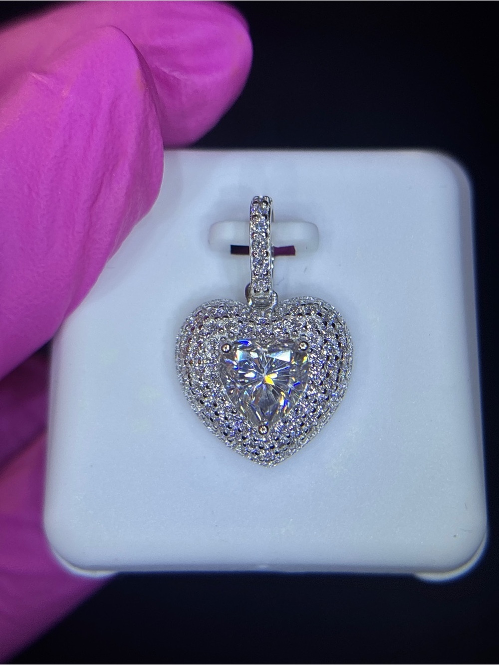 .925 Sterling Silver 2ct. VVS Moissanite Pave’ Heart Solitaire Pendant - Picture 10 of 14
